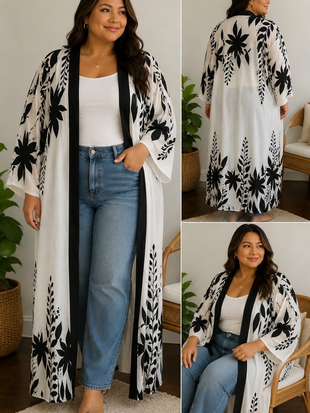 Ivory & Black Floral Long Kimono Fits M TO XXL